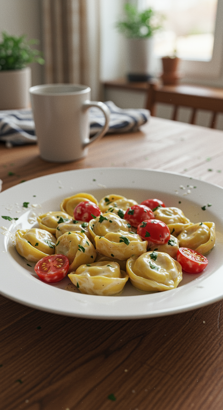 Casual photo of creamy tortellini with tomatoes served on a white plate in a cozy home setting, featuring a wooden table, some sauce smudges, crumbs, and warm natural lighting that highlights the homemade, unpretentious vibe.