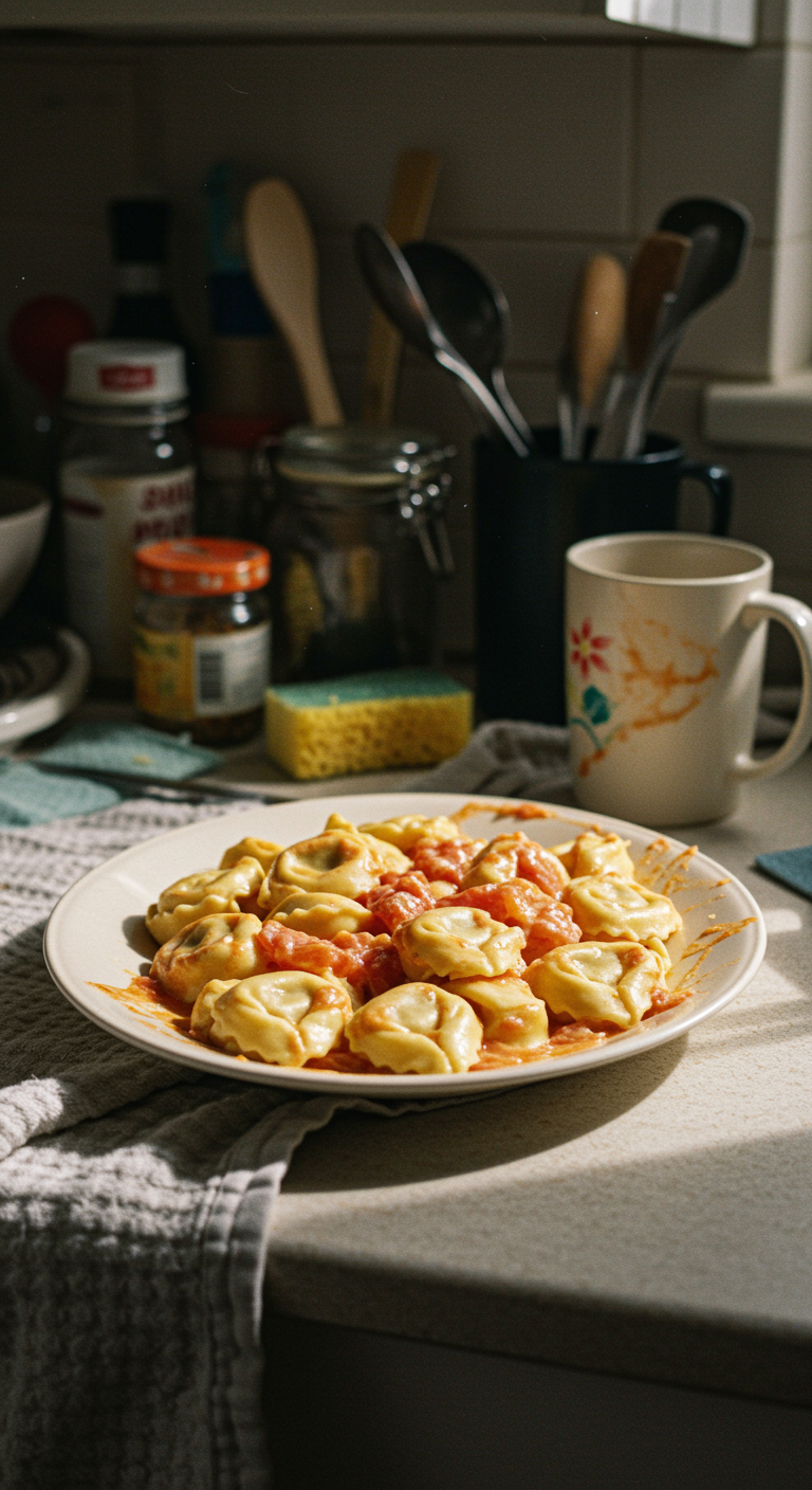 Casual shot of creamy tortellini with tomatoes in a kitchen setting, with a slightly messy table, household clutter, and natural uneven lighting that gives the scene a relaxed, everyday look.