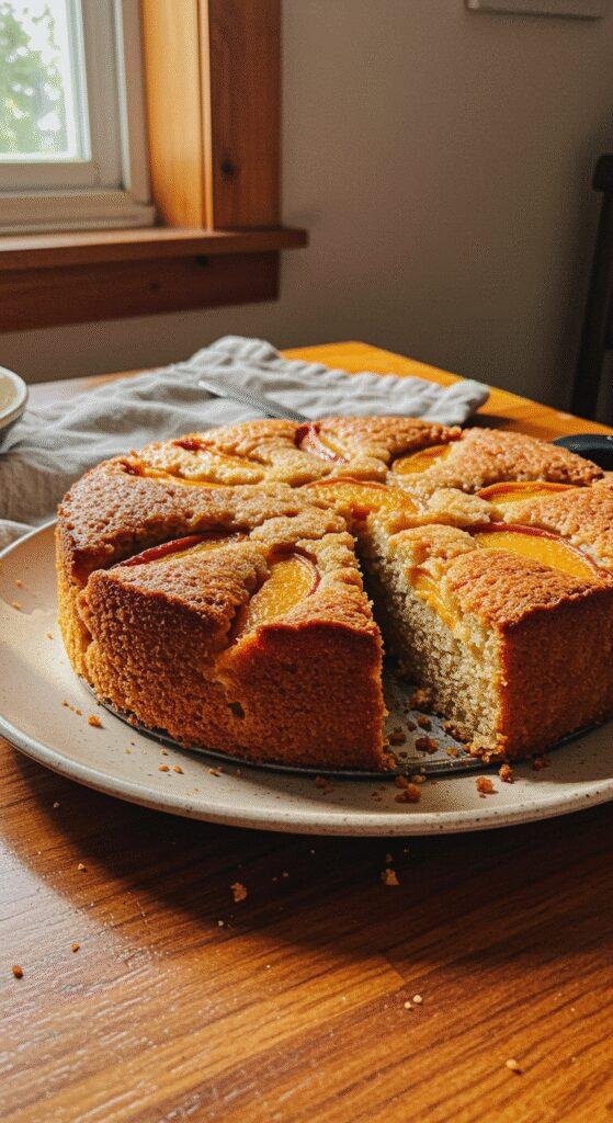 A cozy home scene with a freshly baked Easy Brown Sugar Peach Cake on a ceramic plate, placed on a slightly wrinkled tablecloth on a cluttered kitchen counter, illuminated by natural daylight, showing imperfections like crumbs and uneven lighting for a realistic, amateur photo vibe.