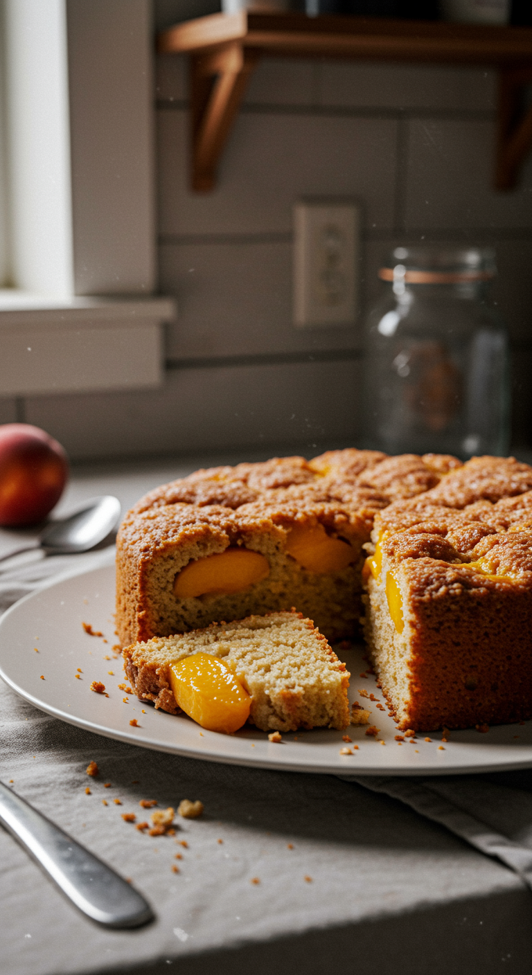 A realistic, amateur photo of an Easy Brown Sugar Peach Cake on a plate in a cozy home kitchen, featuring natural imperfect lighting, scattered crumbs, and a casually cluttered background for an authentic feel.