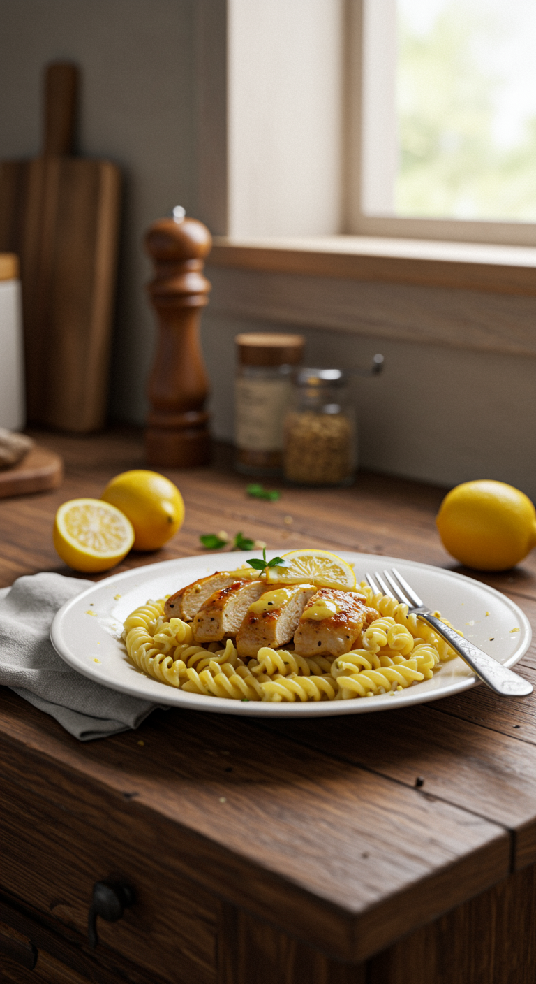 A homemade lemon chicken pasta dish served casually on a wooden table, featuring pasta, sliced chicken, lemon sauce, and herbs in a cozy kitchen setting. The scene shows natural lighting and a relaxed, imperfect presentation with crumbs and casual background clutter, capturing an inviting home-cooked meal.