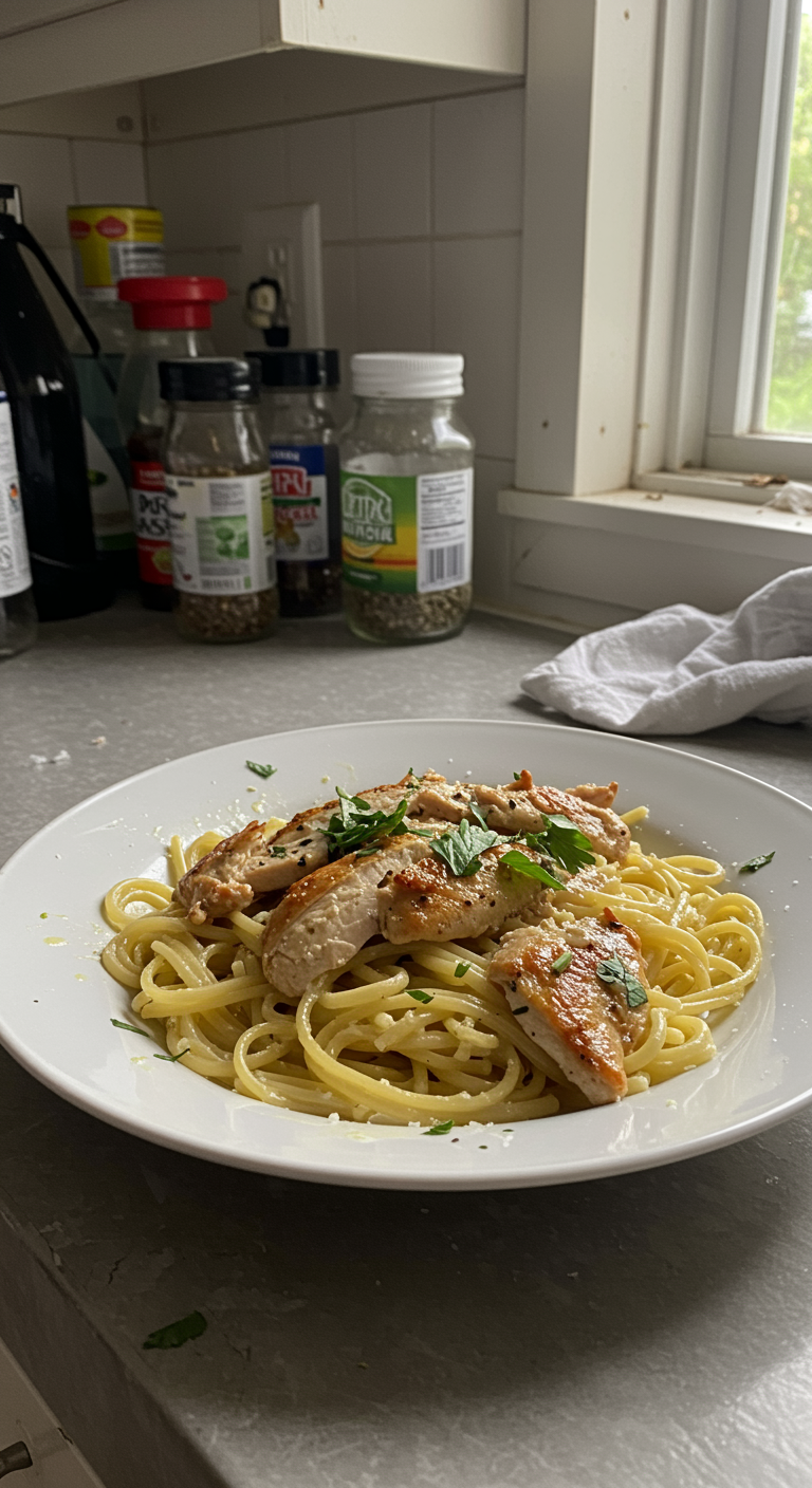 A casual photo of lemon chicken pasta on a plate in a home kitchen, with a slightly messy table, natural lighting, and an imperfect presentation. The scene emphasizes a warm, homely atmosphere with everyday kitchen clutter and a relaxed vibe.