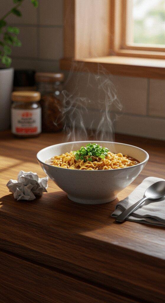 Realistic photo of vegan Easy Saucy Ramen Noodles served in a cozy home kitchen, featuring a bowl with fresh vegetables and broth on a wooden table, showing natural imperfections, warm light, and a casual, unstaged atmosphere.