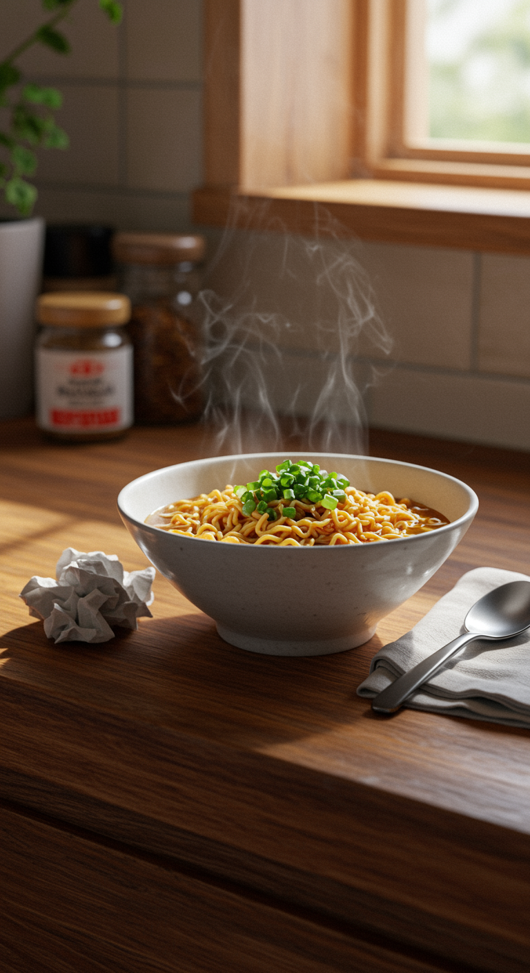 Realistic photo of vegan Easy Saucy Ramen Noodles served in a cozy home kitchen, featuring a bowl with fresh vegetables and broth on a wooden table, showing natural imperfections, warm light, and a casual, unstaged atmosphere.