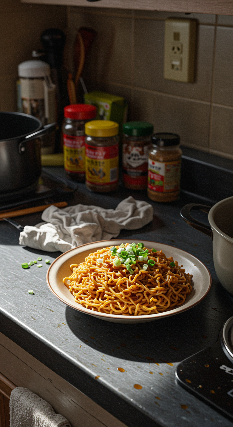Casual photo of vegan ramen noodles in a home kitchen scene, showing a colorful bowl with vegetables and broth on a slightly messy table, with natural, imperfect lighting and background clutter.