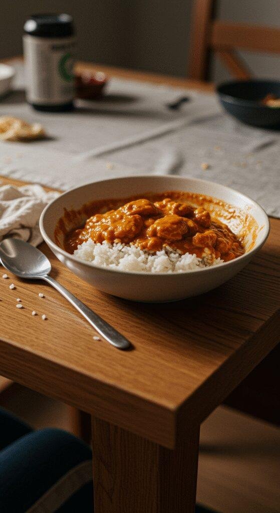 A realistic, amateur-style photo of Chicken Tikka Masala served in a simple bowl on a cluttered kitchen table, with natural lighting, casual placement, and visible imperfections like spilled sauce and a crumpled cloth, capturing a cozy, home-cooked atmosphere.