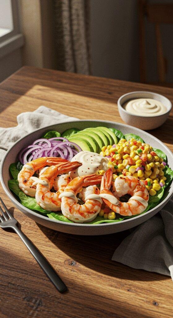 A realistic image of a grilled shrimp bowl with avocado, corn salsa, and creamy sauce, presented in a cozy home kitchen setting. The dish is arranged in a ceramic bowl on a wooden table, showcasing grilled shrimp, sliced avocado, bright corn salsa, and a drizzle of creamy sauce, illuminated by natural light for a warm, inviting look.