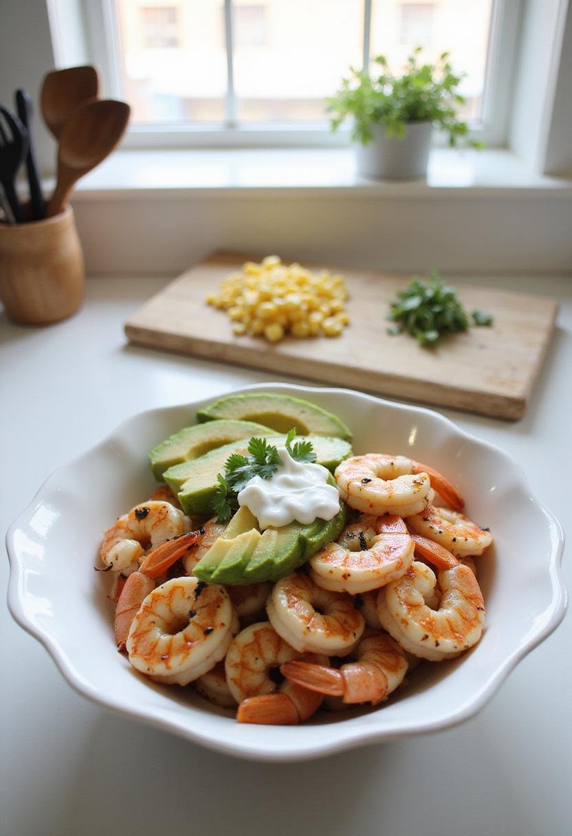 A modern kitchen scene showcasing a colorful grilled shrimp bowl with avocado, corn salsa, and a creamy sauce, styled on a countertop with utensils and fresh ingredients.