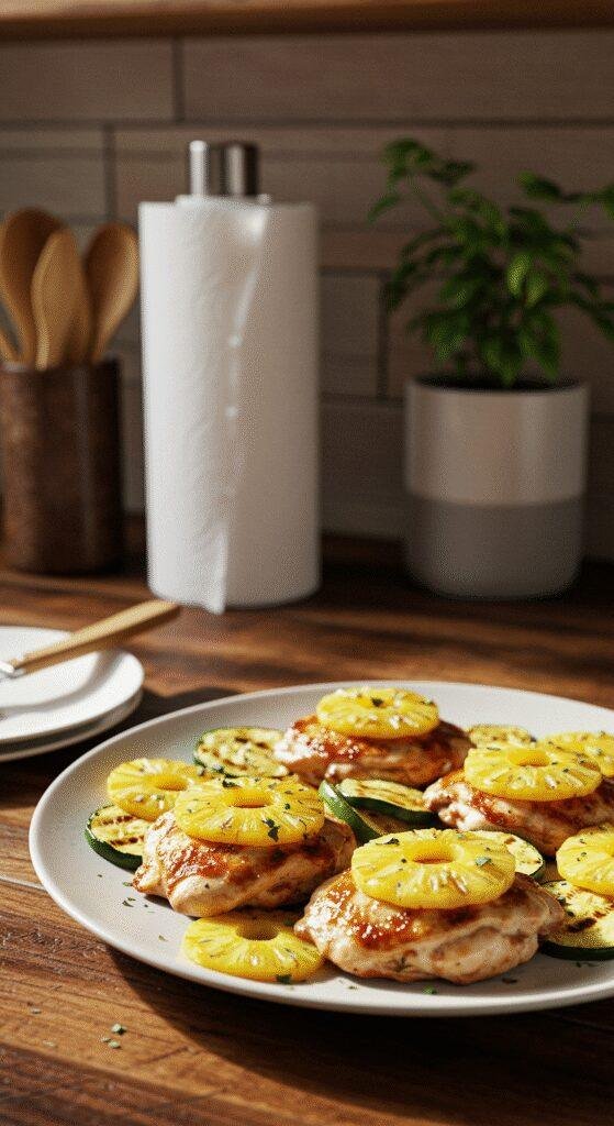 Casual photo of Hawaiian Chicken Sheet Pan served on a rustic wooden table in a home kitchen, featuring browned chicken, pineapple slices, and grilled vegetables with a light glaze, surrounded by common kitchen clutter and warm natural light for an authentic, homely look.