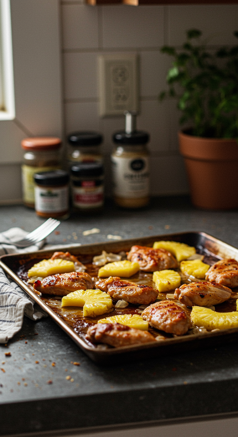 Casual kitchen scene with Hawaiian Chicken Sheet Pan on a cluttered counter, featuring caramelized chicken and pineapple, surrounded by kitchen tools, spice jars, and plant, with natural, uneven lighting for a realistic home cooking ambiance.
