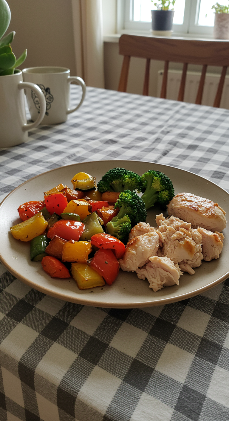 Realistic photo of a healthy calorie deficit meal on a ceramic plate, with roasted vegetables and grilled chicken, presented in a cozy home setting with casual clutter, natural lighting, and slight imperfections on the table.
