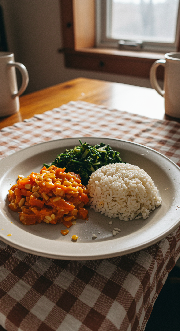Casual image of a healthy meal on a simple plate, set on a wooden table with a checkered cloth, in a home kitchen scene with natural light and imperfections like crumbs and cluttered background items.