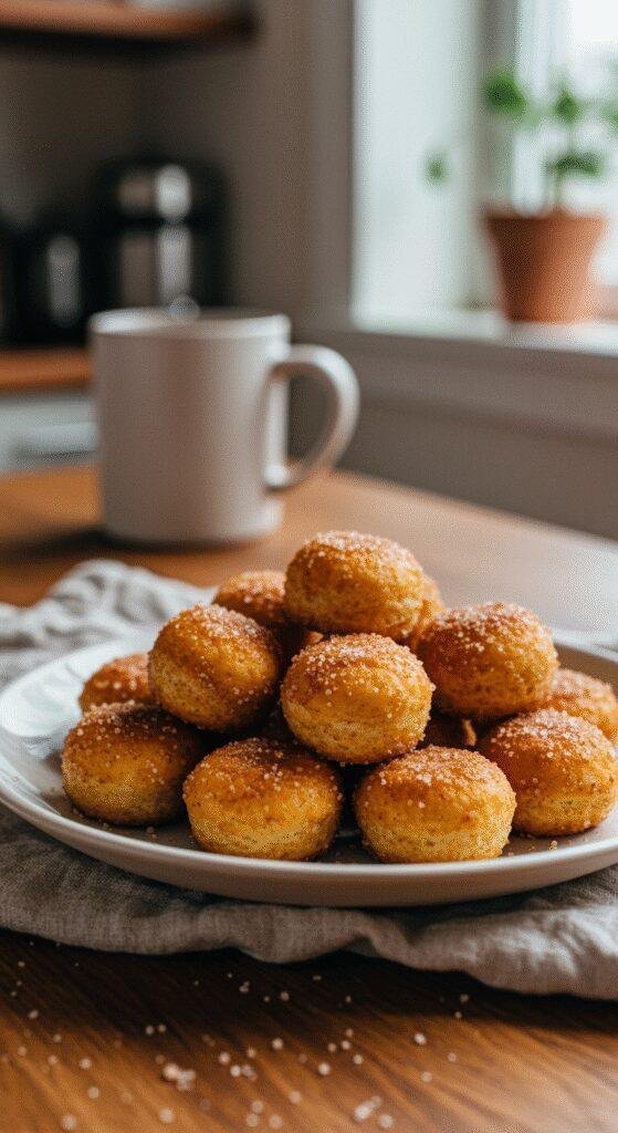 Homemade healthy air fryer churro bites on a ceramic plate in a cozy home setting, showing golden-brown, rustic, and slightly uneven bites with cinnamon sugar, scattered crumbs, and natural lighting creating an inviting and casual scene.