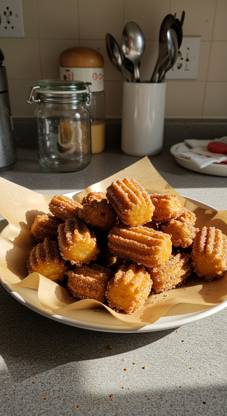 Casual kitchen scene with a plate of healthy air fryer churro bites on a cluttered countertop, showing rustic, uneven bites with cinnamon sugar, crumbs, and natural, imperfect lighting typical of a home environment.