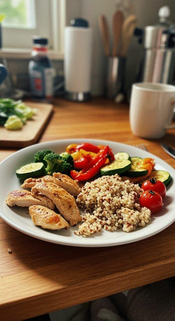 Realistic photo of a healthy full-day meal plate with grilled chicken, roasted vegetables, and grains, styled casually in a cozy home setting with natural light and imperfect, homely touches.
