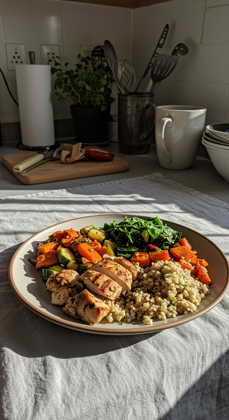 Casual photo of a healthy meal plated simply in a kitchen setting, featuring grilled chicken and vegetables, with natural light and informal surroundings conveying an authentic home-cooked vibe.