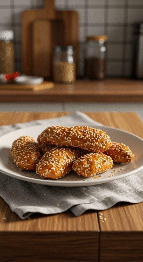 Realistic photo of healthy sesame chicken served casually on a white plate in a cozy home kitchen, with imperfect lighting, scattered sesame seeds, and a casual, lived-in background showing a cluttered countertop and kitchen items.