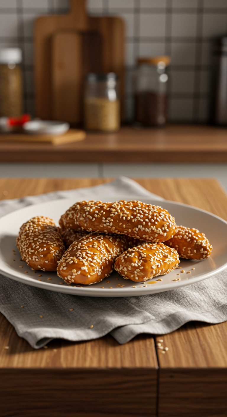 Realistic photo of healthy sesame chicken served casually on a white plate in a cozy home kitchen, with imperfect lighting, scattered sesame seeds, and a casual, lived-in background showing a cluttered countertop and kitchen items.