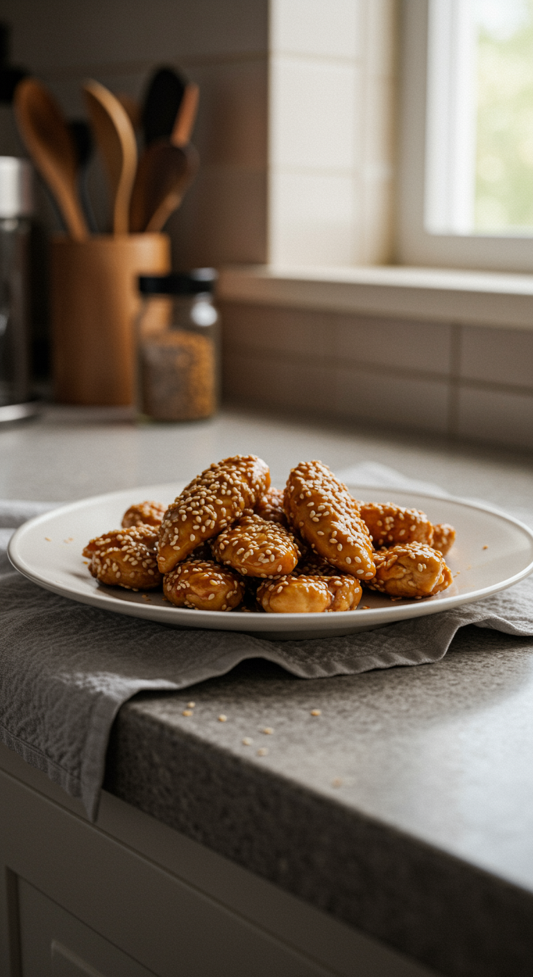 Casual photo of healthy sesame chicken on a simple plate in a cluttered home kitchen, with natural lighting, scattered sesame seeds, and a relaxed, everyday setting.