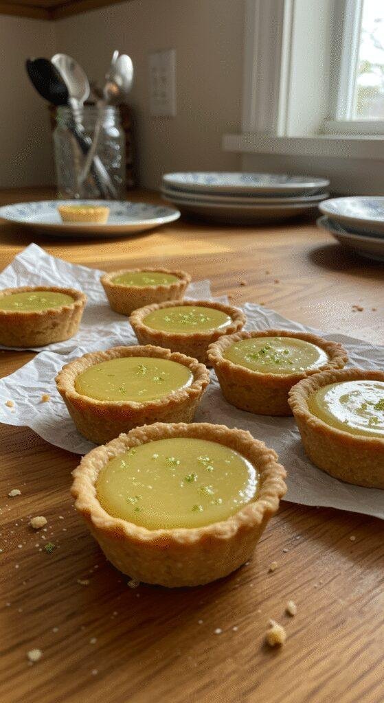 Homemade mini key lime pies displayed casually on a cozy wooden table with natural lighting, showing imperfections like crumbs, drips, and wrinkled cloth, creating an authentic, amateur style scene.