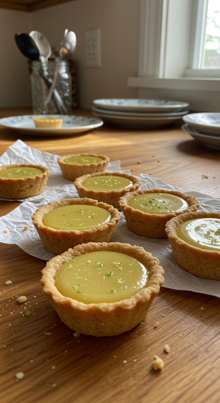 Homemade mini key lime pies displayed casually on a cozy wooden table with natural lighting, showing imperfections like crumbs, drips, and wrinkled cloth, creating an authentic, amateur style scene.