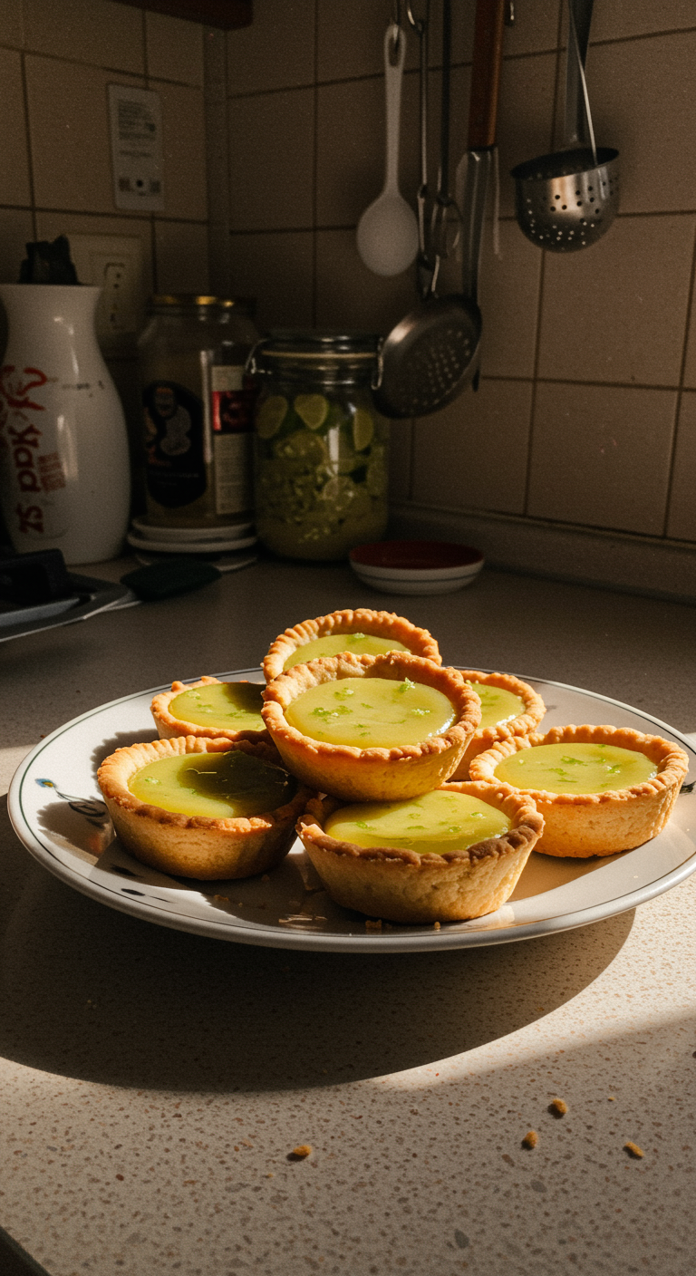 Casual home kitchen scene with mini key lime pies on a cluttered countertop, showcasing imperfect crusts and natural lighting for an authentic, amateur look.
