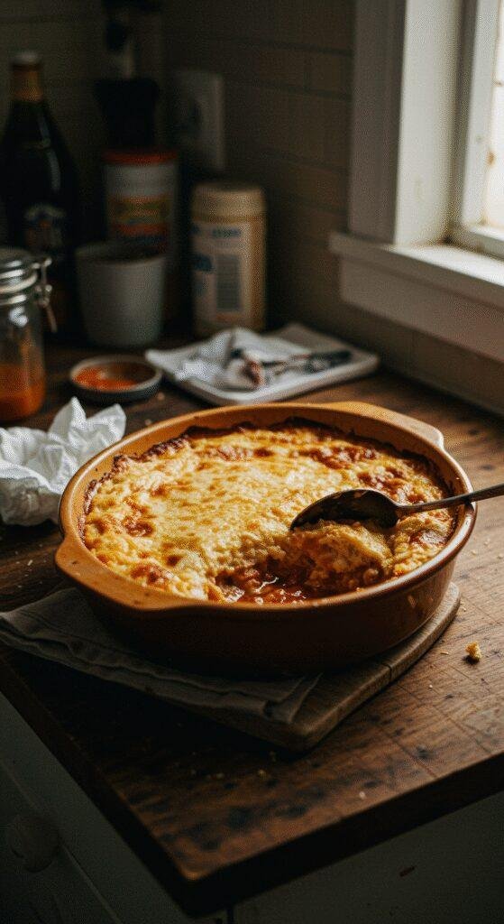 A realistic photo of homemade hobo casserole in a rustic kitchen setting with natural lighting, showing a baked dish with a golden, bubbly crust, surrounded by casual kitchen clutter, crumpled napkins, and imperfect, cozy elements.