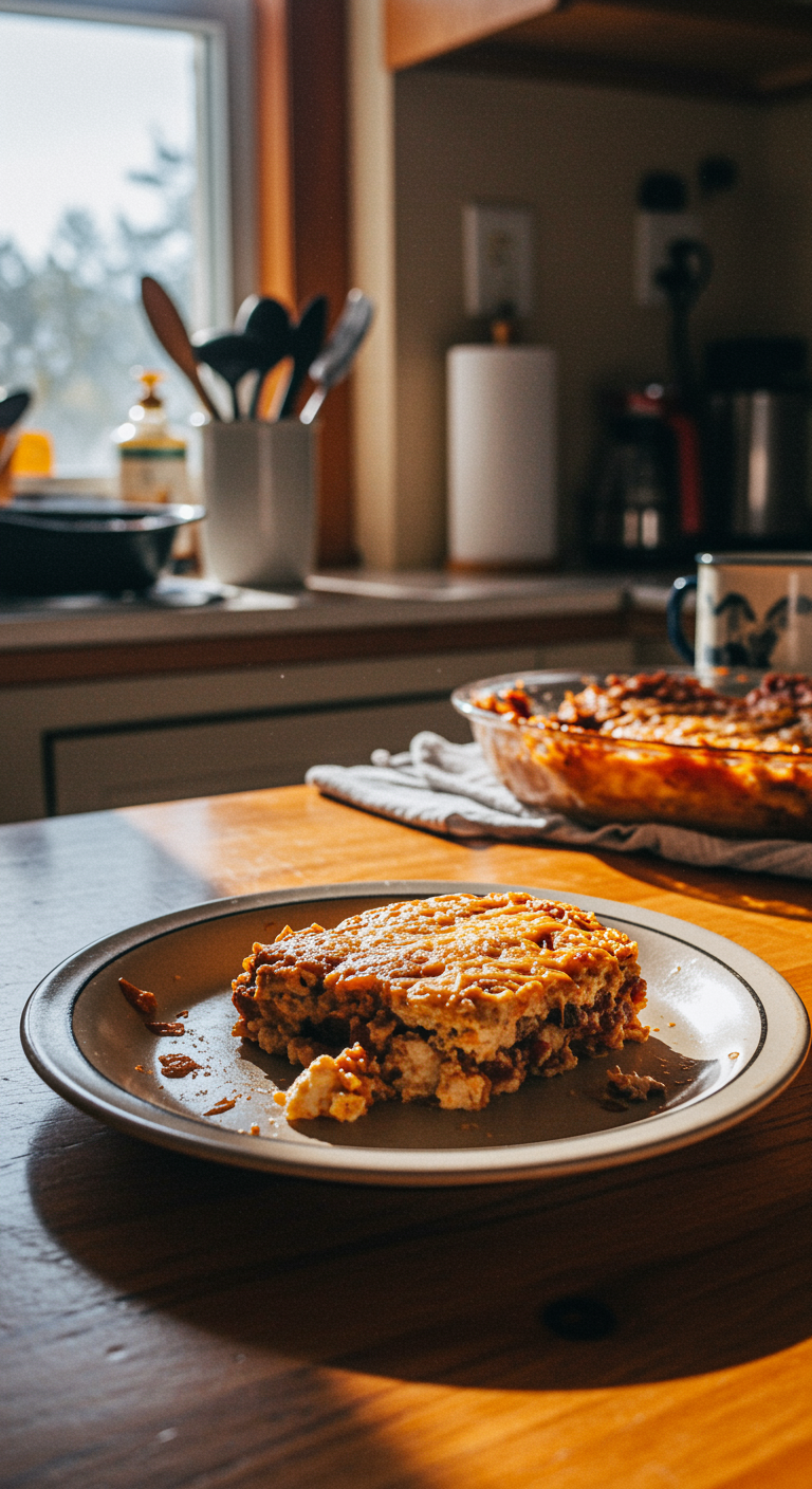 A realistic image of hobo casserole served in a home kitchen, displayed on a simple plate with a rustic backdrop. The scene has natural lighting, slight imperfections, and cozy clutter, emphasizing a casual, homemade vibe.