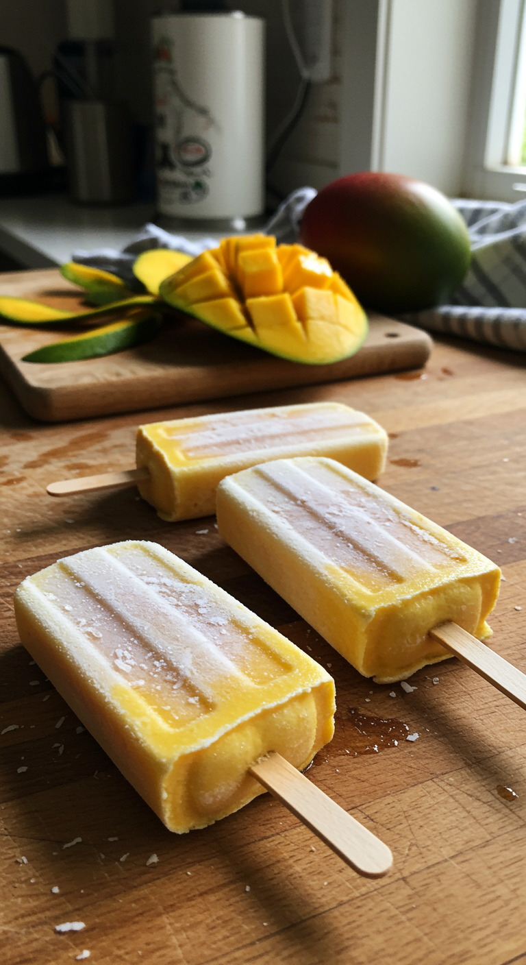 Casual scene of homemade coconut mango popsicles on a kitchen countertop, showing frost and drips, with scattered kitchen items, natural light, and a cozy, imperfect atmosphere.