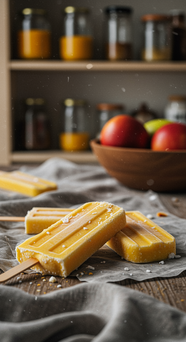 Casual home scene showing homemade coconut mango popsicles on a rustic table with imperfect lighting, crumbs, and a cozy background, emphasizing an authentic, lived-in atmosphere.