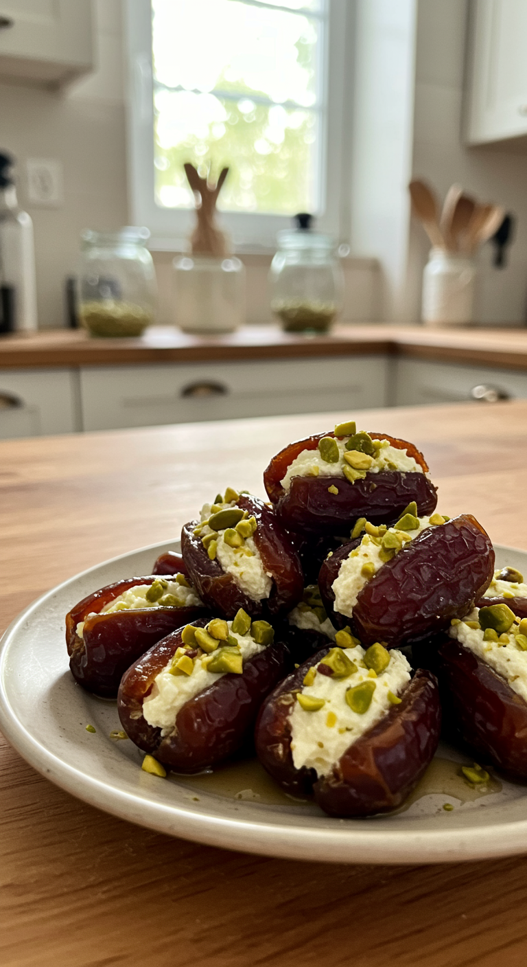 A realistic, home-style photo of honey pistachio ricotta stuffed dates on a rustic plate, showcasing an inviting and casual presentation in a cozy kitchen setting with natural lighting and some casual clutter around.