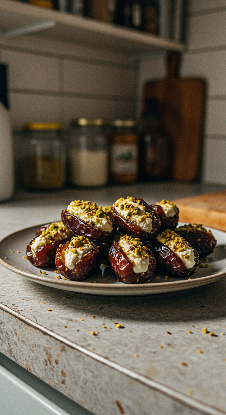 A candid kitchen scene showing honey pistachio ricotta stuffed dates on a rustic plate in a cozy kitchen, emphasizing the homemade appeal.