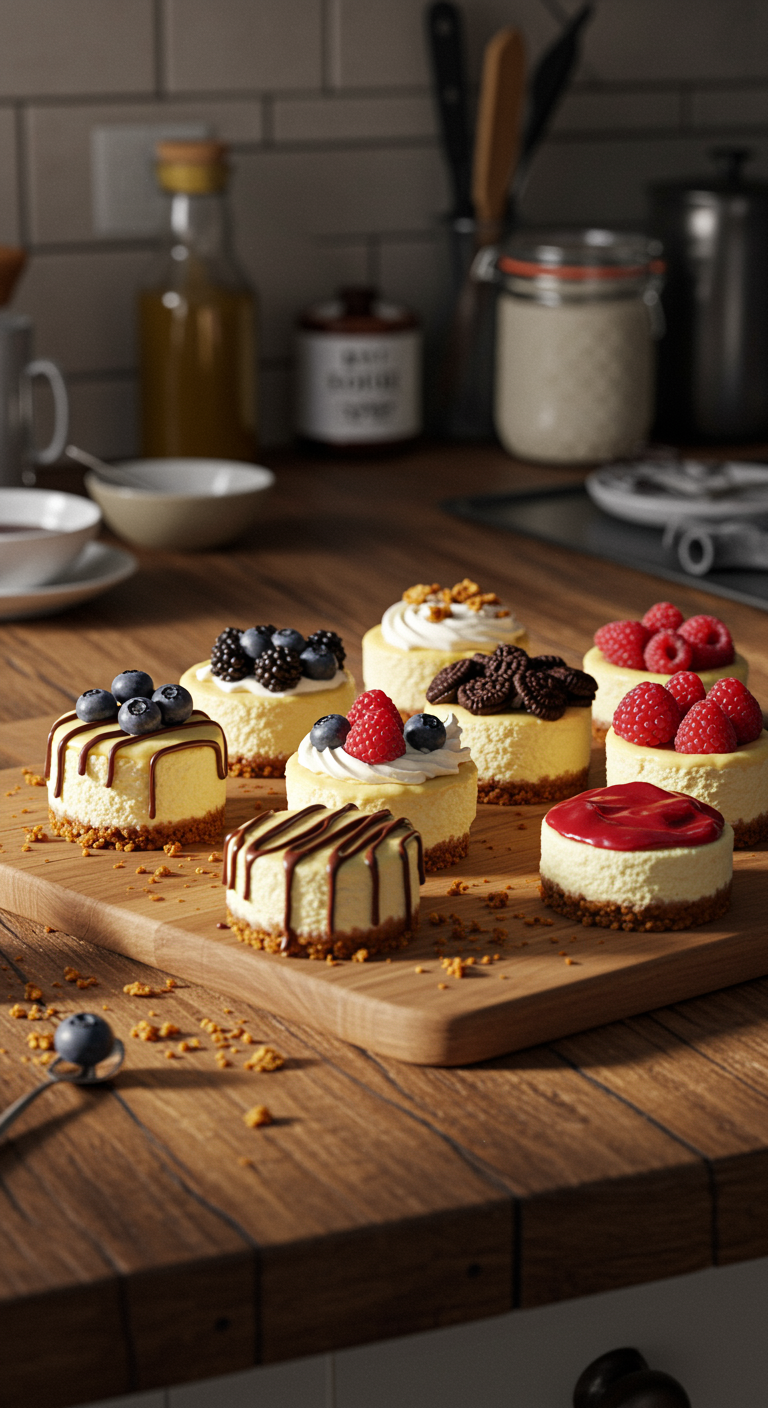 Casual homemade mini cheesecake board displayed on a rustic wooden table with assorted cheesecakes topped with berries and chocolate, surrounded by baking tools and jars in a cozy kitchen setting, under natural lighting, showing real imperfections and informal arrangement.