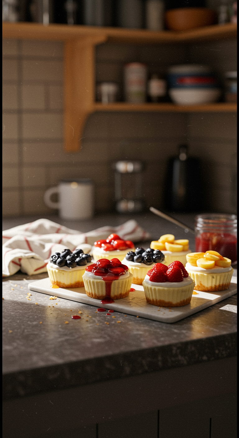 Casual kitchen scene with a mini cheesecake board on a cluttered counter, featuring assorted cheesecakes with fruit toppings, under natural lighting, with background shelves and a slightly wrinkled dish towel, showing imperfections and a relaxed atmosphere.