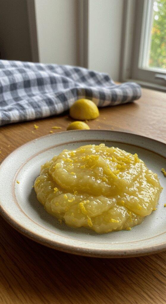 Realistic photo of Italian Lemon Spread Delight on a rustic plate, casually presented in a cozy home setting with natural light, featuring crumbs and imperfect plating, emphasizing an authentic homemade dessert experience.