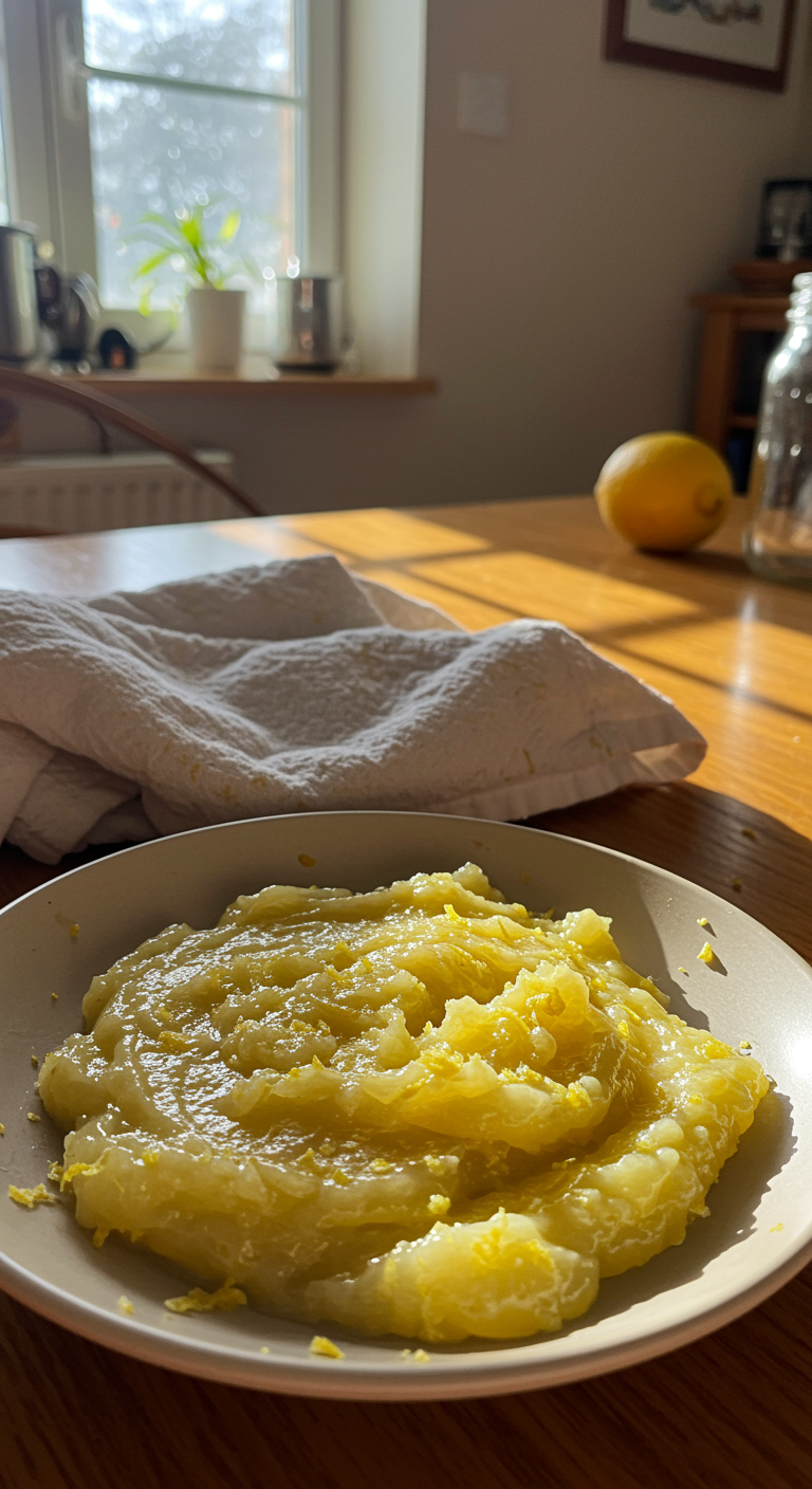 Casual kitchen scene featuring Italian Lemon Spread Delight on a simple plate with natural lighting, featuring imperfections like crumbs and uneven spread for an authentic homemade look.