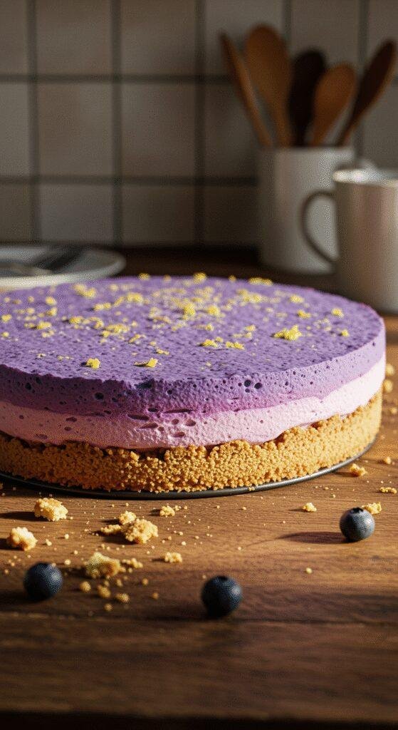 Realistic photo of a Lemon Blueberry Shortbread Mousse Cake in a home kitchen, showcasing its layered structure on a wooden table with natural lighting, crumbs around, and a cozy background, resembling a casual homemade photo.