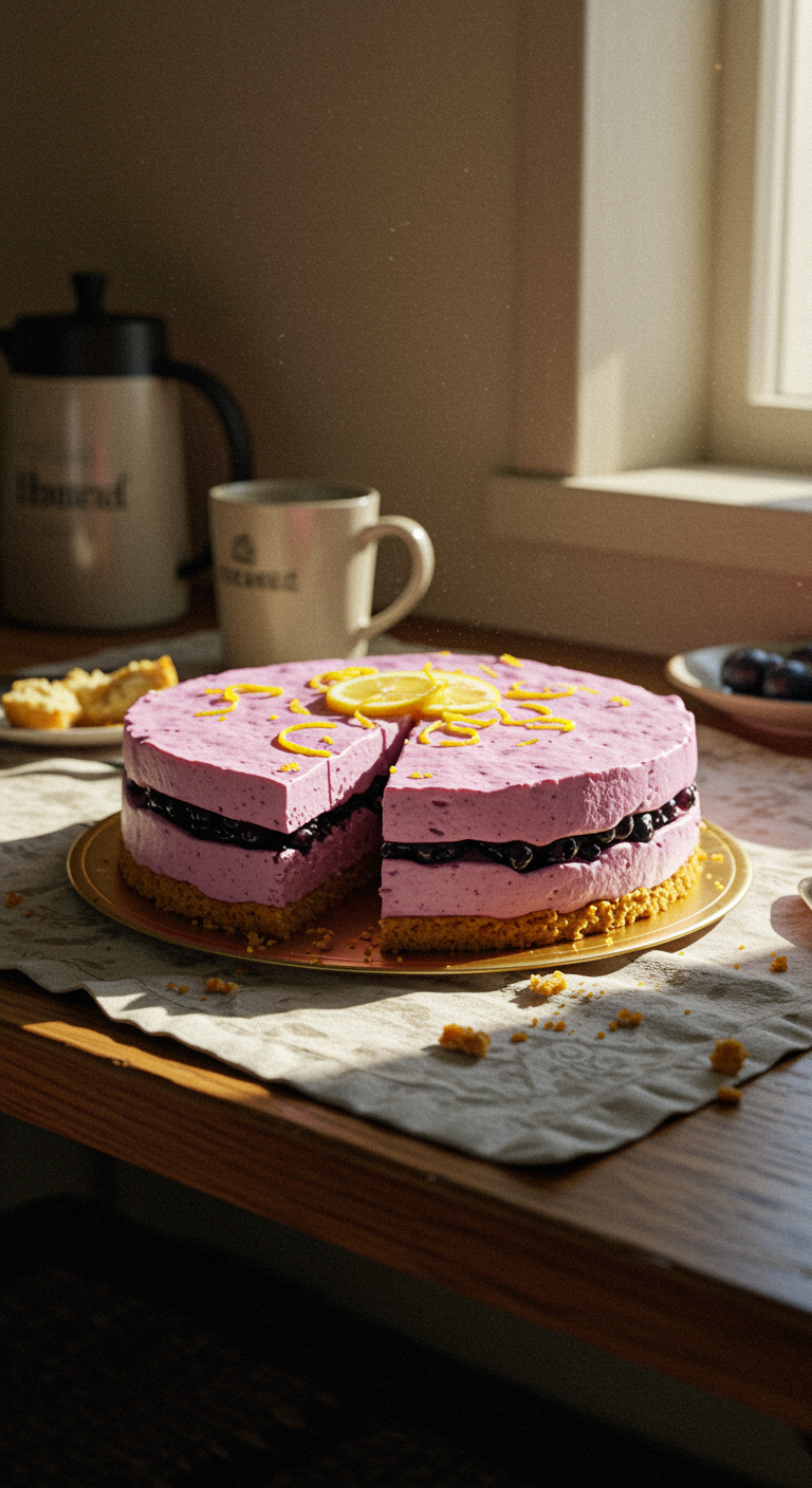 Casual image of a Lemon Blueberry Shortbread Mousse Cake on a plate in a cozy home dining space, with natural imperfect surroundings like crumbs, a wrinkled cloth, and relaxed lighting, showing a warm, homemade atmosphere.