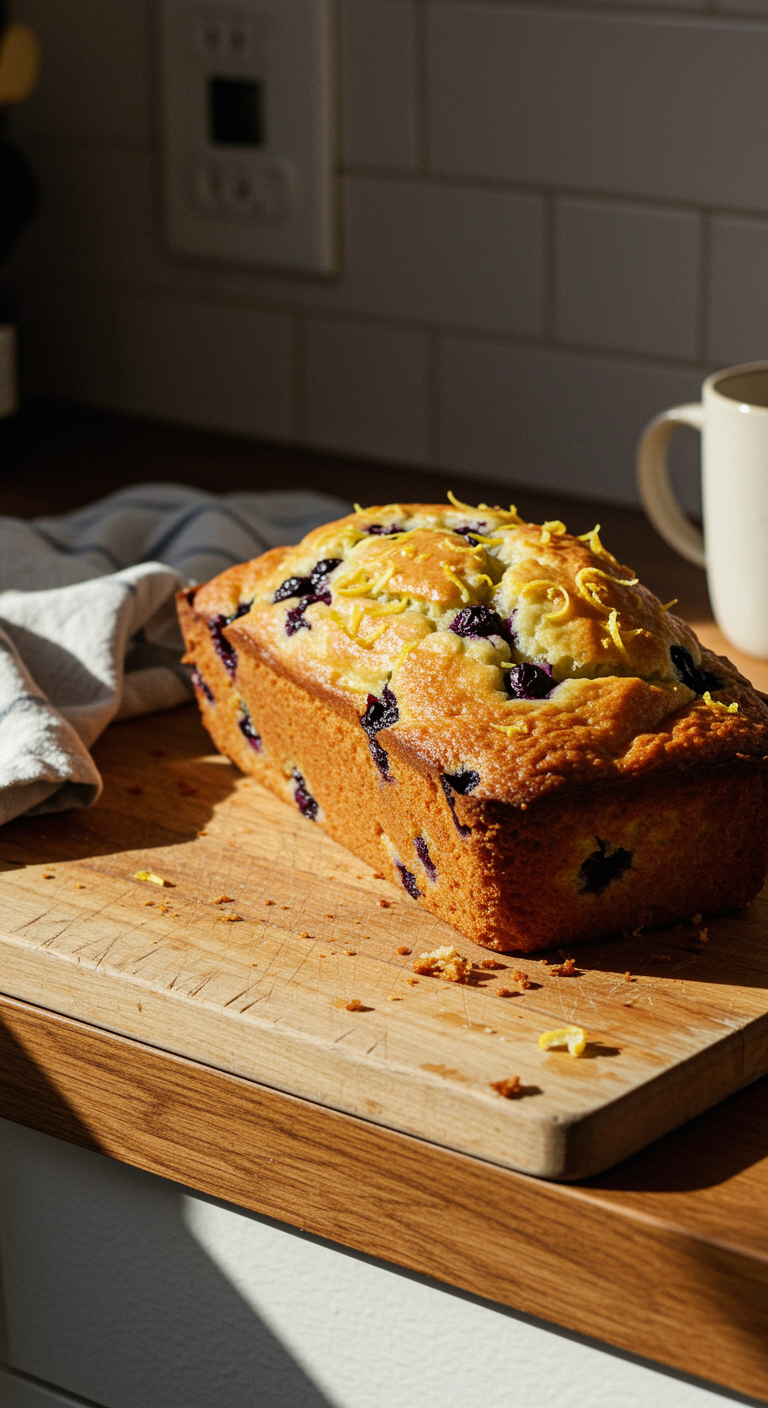 A homemade Lemon Blueberry Yogurt Loaf resting on a wooden board in a cozy kitchen corner, surrounded by casual clutter. The loaf has a golden crust dotted with blueberries and lemon zest. The scene includes a slightly wrinkled dish towel, a knife, and a ceramic mug, with soft, natural lighting and subtle imperfections, evoking an authentic homemade vibe.