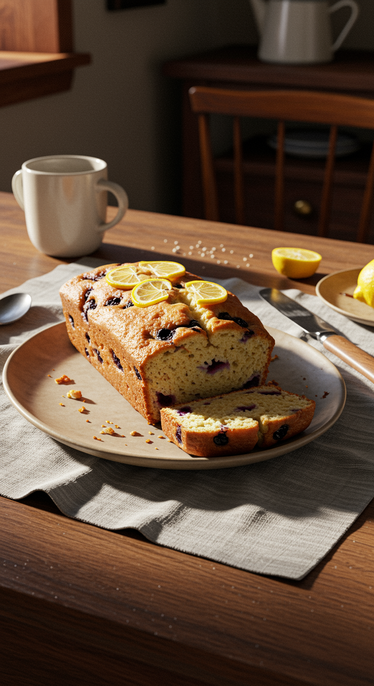 A homemade Lemon Blueberry Yogurt Loaf served on a ceramic plate, placed on a wrinkled cloth tablecloth in a cozy home environment. The background shows a wooden table with crumbs and a spoon nearby, illuminated by natural, slightly uneven light. The scene has a relaxed, everyday feel with casual clutter and imperfections highlighting the homemade nature.
