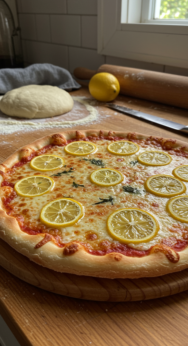 A realistic, amateur-style photo of a homemade lemon pizza on a wooden table in a cozy kitchen setting, showing the golden crust, lemon slices, melted cheese, and fresh herbs with natural, uneven lighting and casual clutter around.