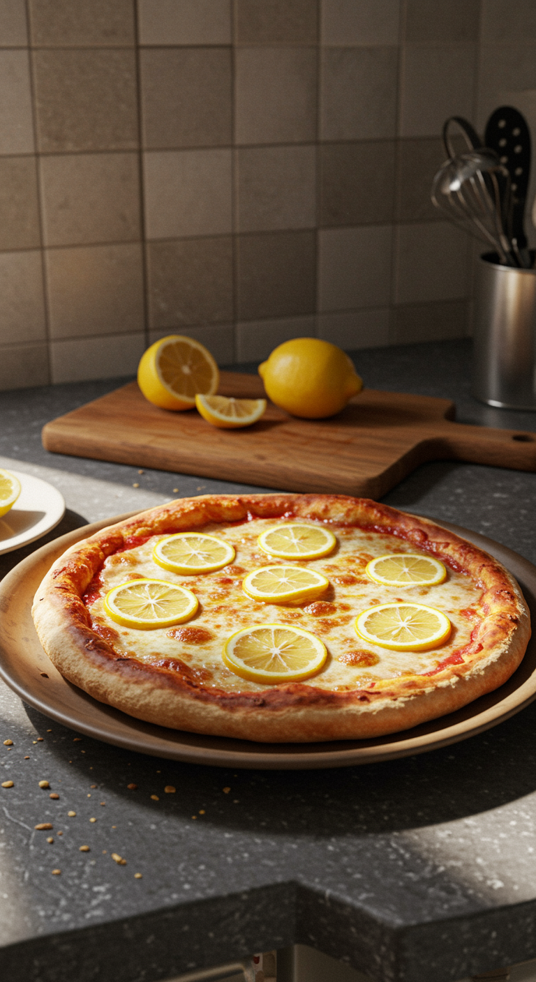 Casual, amateur-style photo of a homemade lemon pizza on a plate in a cluttered kitchen scene, showing uneven crust, lemon slices, melted cheese, and natural kitchen clutter with soft light and authentic imperfections.