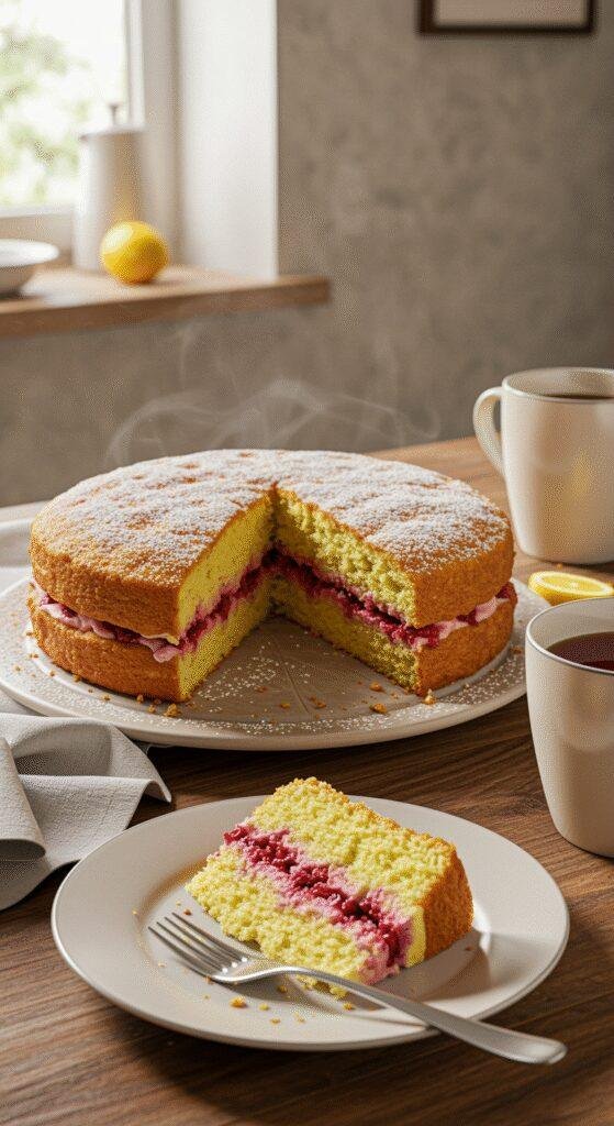 Realistic image of a lemon raspberry cake in a home kitchen setting, showcasing layered sponge, raspberry filling, and a dusting of powdered sugar, with a casual, cozy atmosphere and natural sunlight.