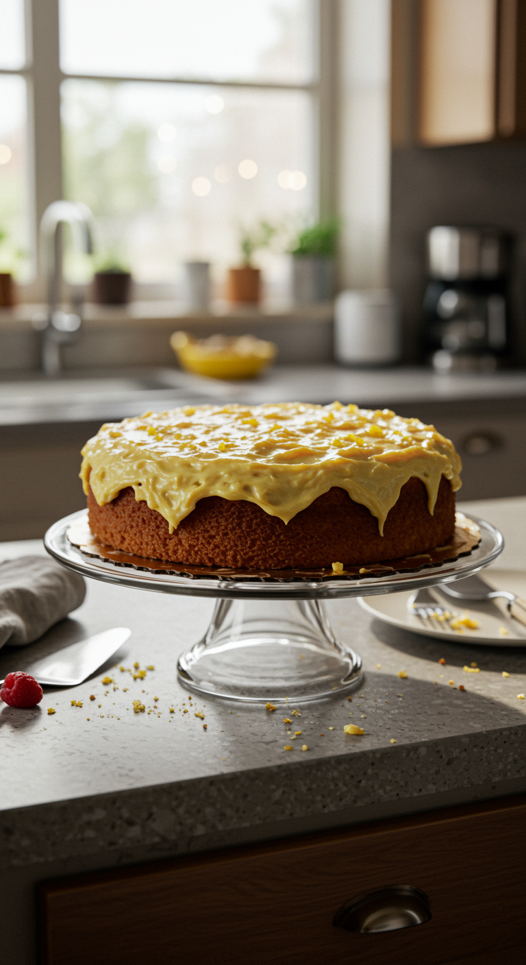Casual photo of a homemade lemon raspberry cake on a kitchen counter, showing imperfect frosting, crumbs, and everyday kitchen clutter with natural lighting and a cozy atmosphere.