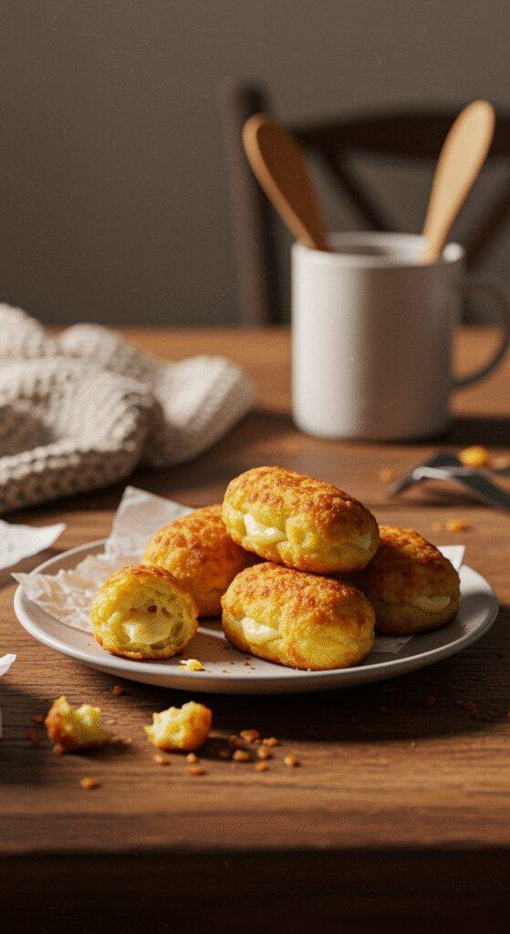 Casual scene of homemade mashed potato cheese puffs on a rustic wooden table, showing golden, crispy puffs in a cozy kitchen setting with natural lighting and informal surroundings.
