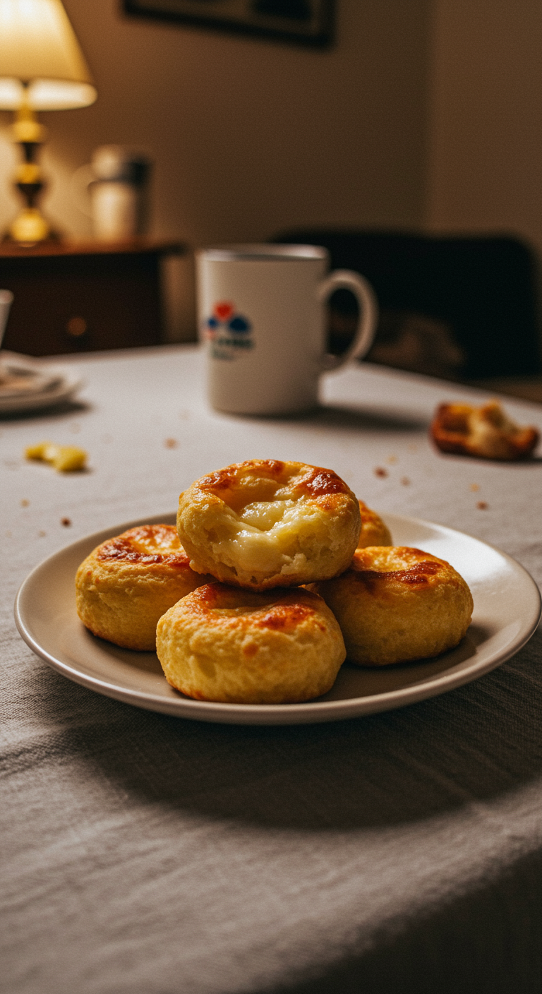 Realistic image of crispy, cheesy Mashed Potato Cheese Puffs on a white plate in a modern kitchen, with visible ingredients, wooden cabinets, and natural lighting emphasizing their golden-brown, cheesy appearance.