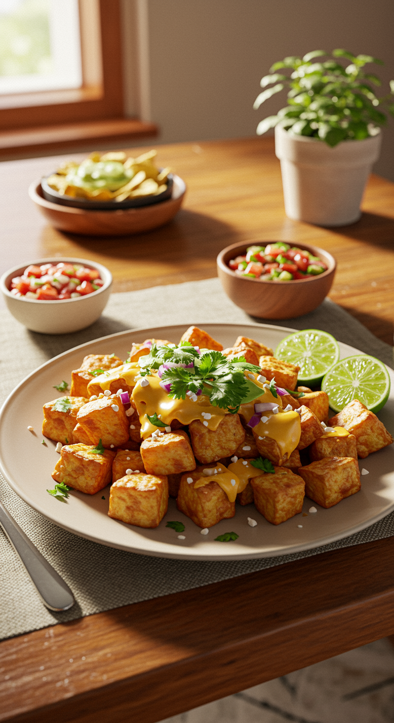 A realistic home dinner scene showing Mexican Potatoes plated and garnished with cilantro, onions, and cheese, served with salsa and lime within a cozy, warmly lit living space, evoking a comforting homemade meal.