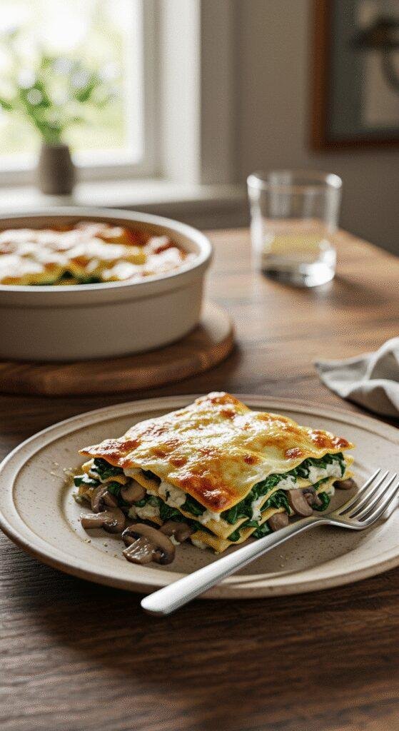 Casual homemade Mushroom and Spinach Lasagna served on a ceramic plate in a cozy home dining area, with natural lighting, imperfect presentation, and a relaxed atmosphere.