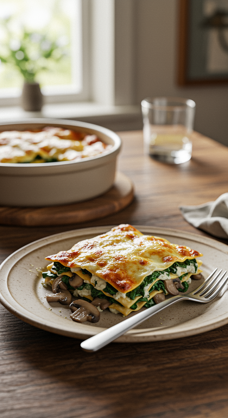Casual homemade Mushroom and Spinach Lasagna served on a ceramic plate in a cozy home dining area, with natural lighting, imperfect presentation, and a relaxed atmosphere.