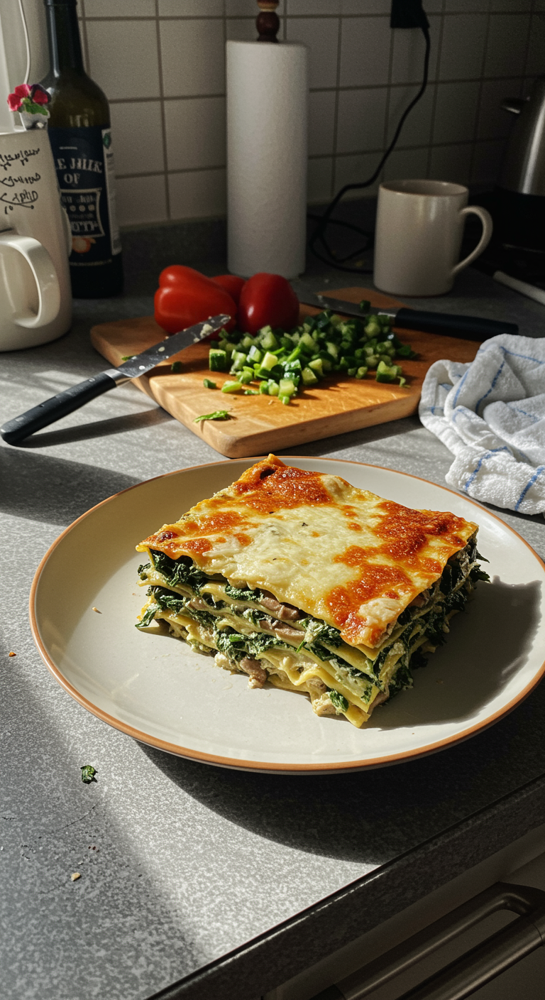 Casual scene inside a home kitchen showing a slice of Mushroom and Spinach Lasagna on a plate on a cluttered counter, with kitchen tools and ingredients nearby, illuminated by natural, uneven lighting.